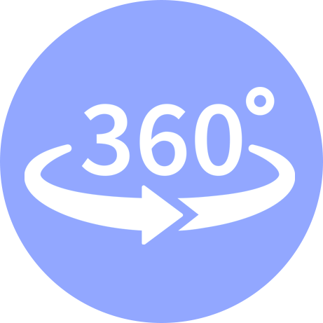 Pfeil-Symbol zeigt eine Drehung um 360 Grad auf blauem Hintergrund.